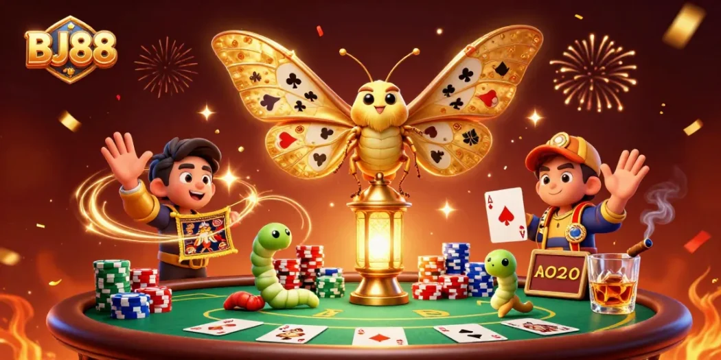 BJ88 showcases a vibrant 3D casino scene with a majestic atlas moth and poker elements.