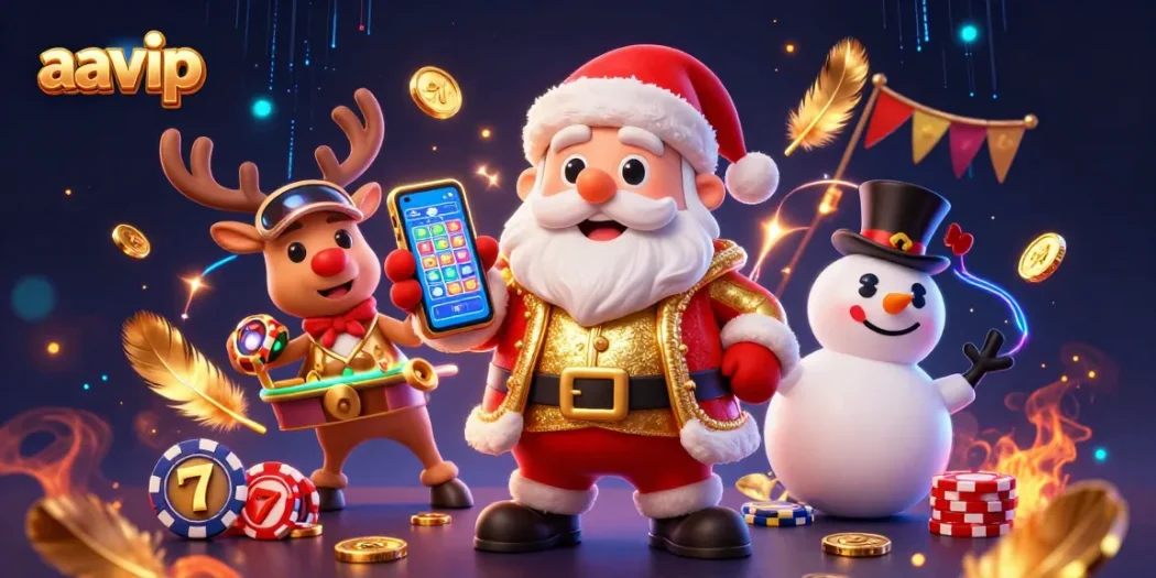 Aavip shows a cartoon Santa Claus and friends celebrating with jackpot slots and festive casino elements.