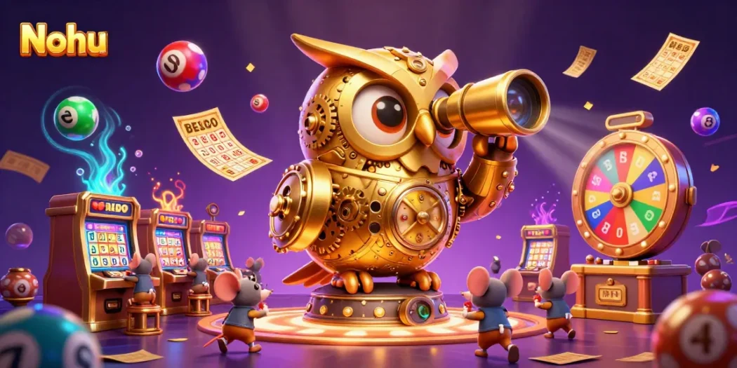 Nohu offers captivating gaming experiences with playful characters on a vibrant casino floor.