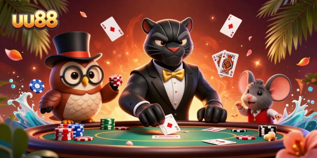 Engage in thrilling poker gameplay at uu88 with an elegant panther dealer, wise owl, and lucky mouse.