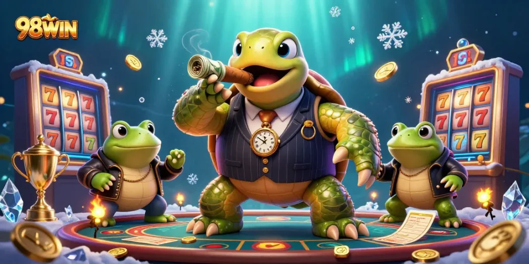 Engage with thrilling 98WIN casino excitement featuring a snapping turtle and frog enforcers.