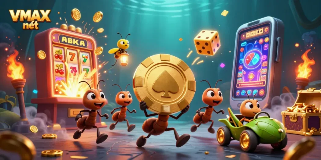 Engage in the excitement of VMAX nét with a dynamic 3D scene of playful characters amidst casino elements.