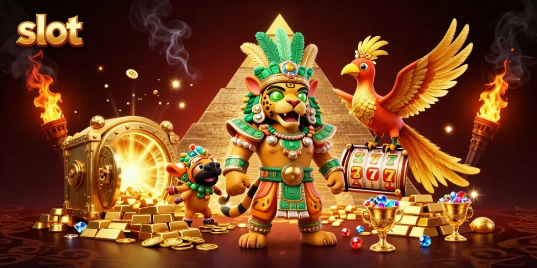 Experience the thrill of slot gaming with vibrant characters and treasures gleaming.