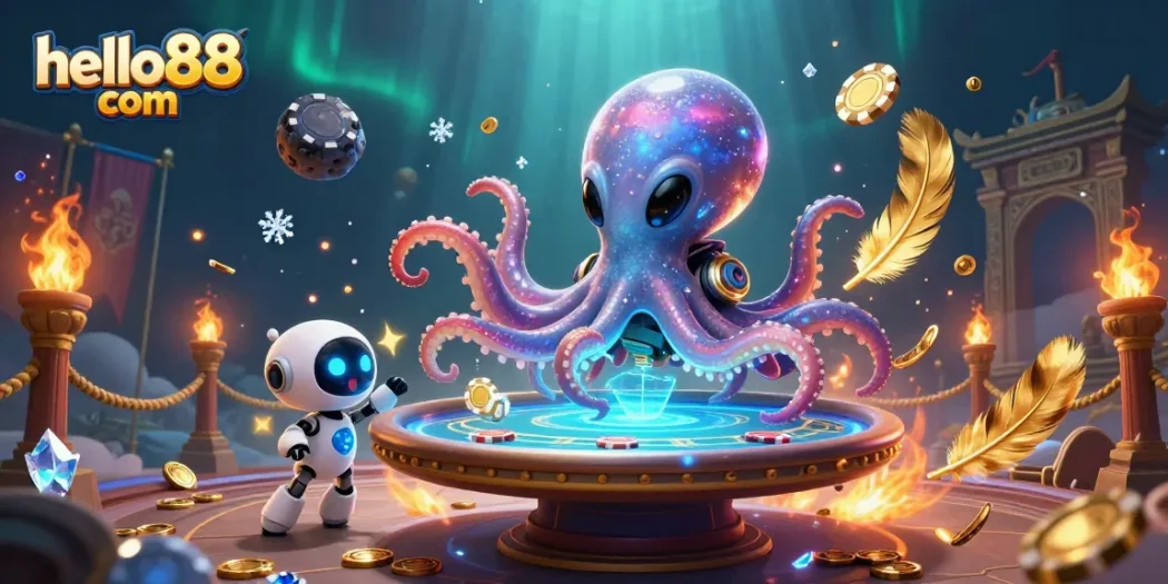 Experience exciting gaming at hello88 com as the alien octopus engages in a thrilling poker match.