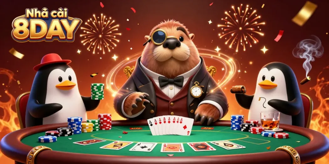 Engage with thrilling poker action at Nhà cái 8DAY featuring a bluffing pufferfish and a sophisticated penguin dealer.