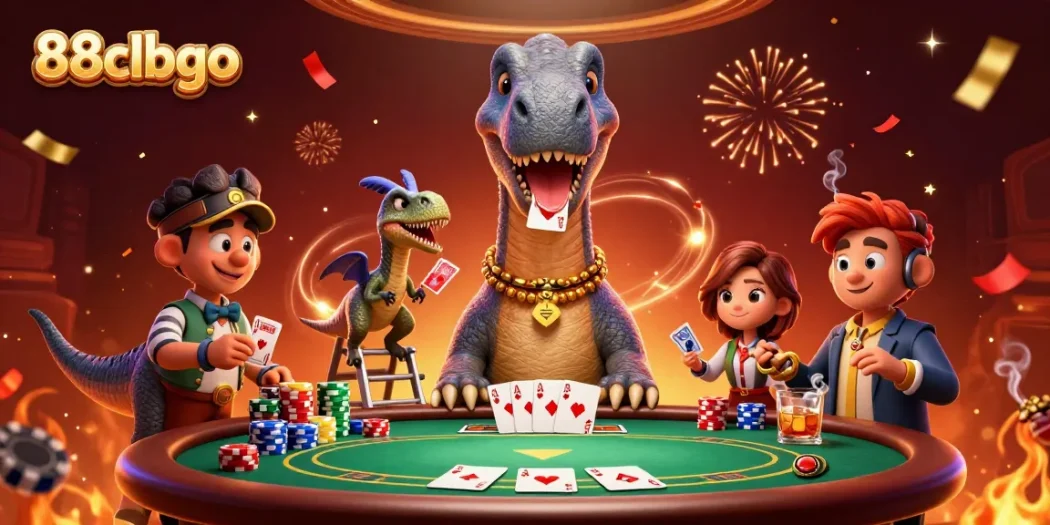 Experience thrilling action at 88clbgo with a colorful poker scene featuring a giant brontosaurus and vibrant cards.