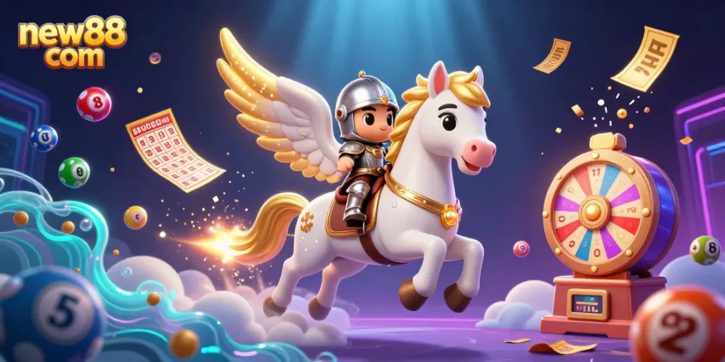 Engage with new88 com as a whimsical knight rides a celestial horse through a vibrant gambling realm.