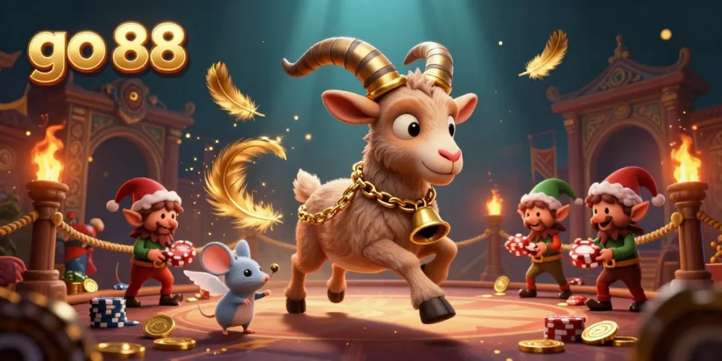 Engaging the excitement of go 88, a festive Krampus goat oversees a vibrant casino scene filled with characters and action.