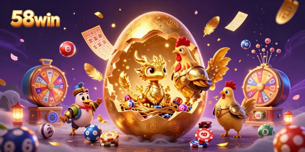 Experience the excitement of 58win with a baby dragon amidst vibrant gaming elements.
