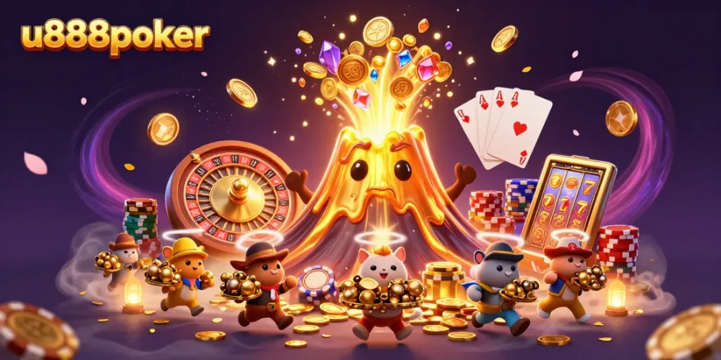 Experience excitement with u888poker's dynamic casino scene featuring a golden volcano and spinning roulette!