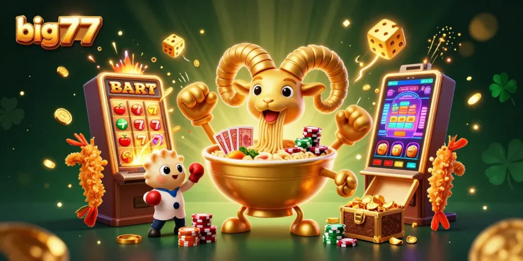 big777 slots scene featuring a golden ramen bowl dealer surrounded by casino elements and winning symbols