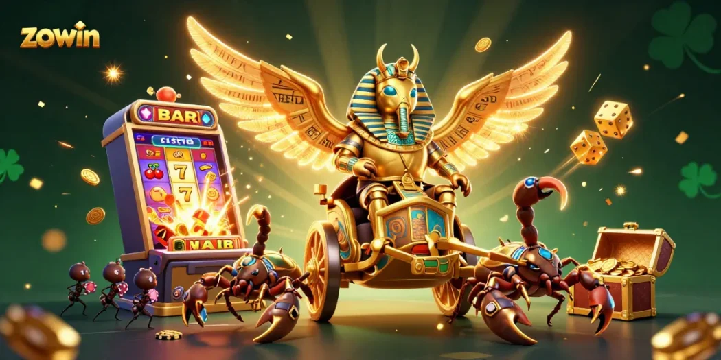 Zowin players spin massive slot machines, winning coins and treasures in an exciting casino scene.