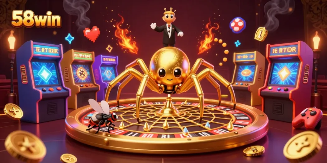 Engage with 58win's vibrant casino world, featuring a golden spider and thrilling game elements.