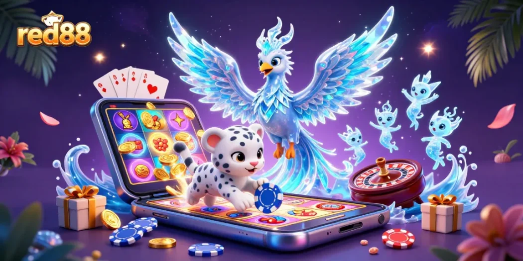 Red88 offers stunning gameplay featuring a playful snow leopard cub and an ice phoenix.