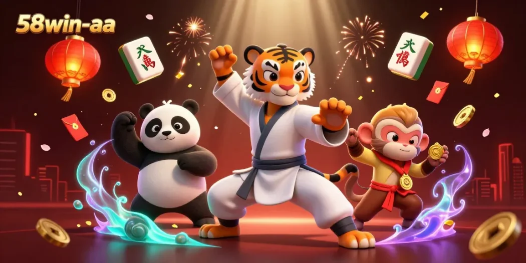 Engage in thrilling casino action with 58win-aa's vibrant 3D illustration of characters and game elements.