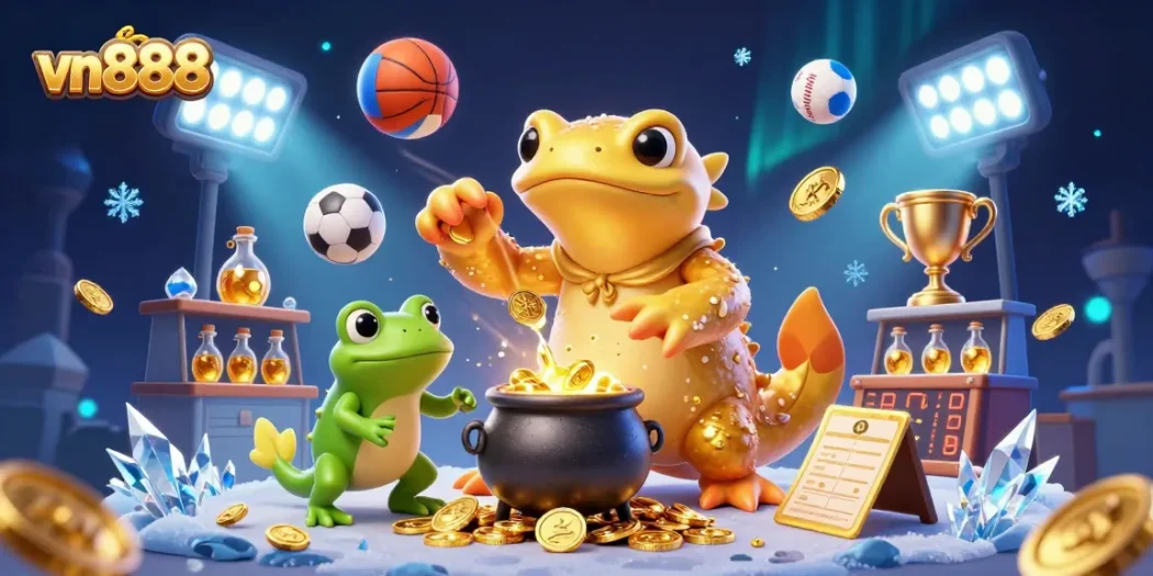 Engage in thrilling vn888 sports betting with a magical scene of a golden salamander alchemist and dynamic game elements.