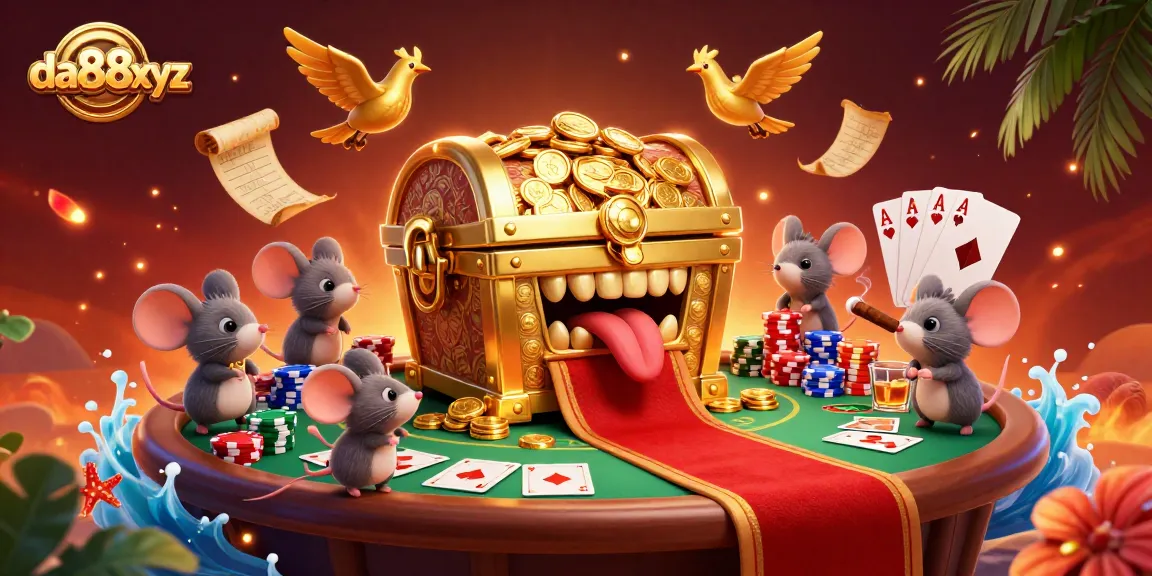 Engage with da88xyz's vibrant casino world, featuring rich poker elements and animated treasure characters.