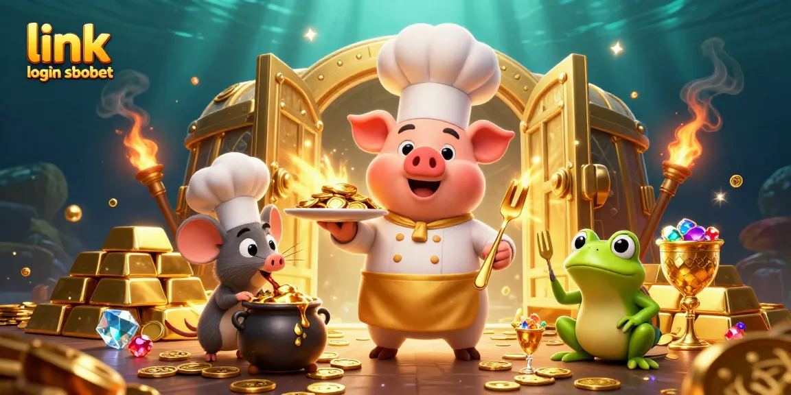 Access link login sbobet with a vibrant 3D gaming illustration featuring unique characters and gold.