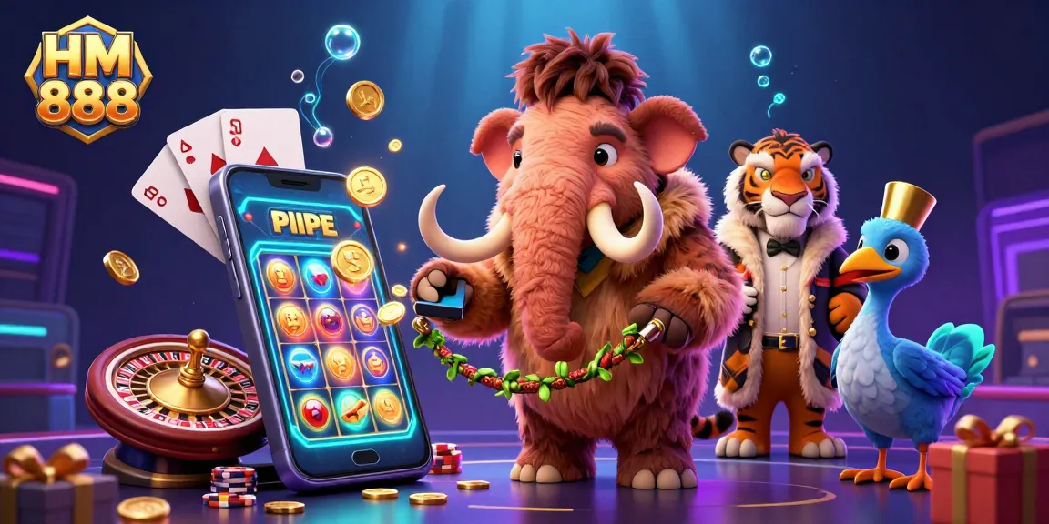 Engage with exciting casino thrills at HM888 with a vibrant bouncer scene showcasing unique characters and thrilling game elements.