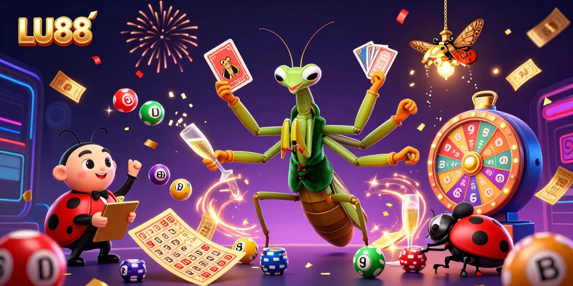 LU88 casino scene with a giant praying mantis dealer and ladybug pit boss amidst colorful lottery elements.