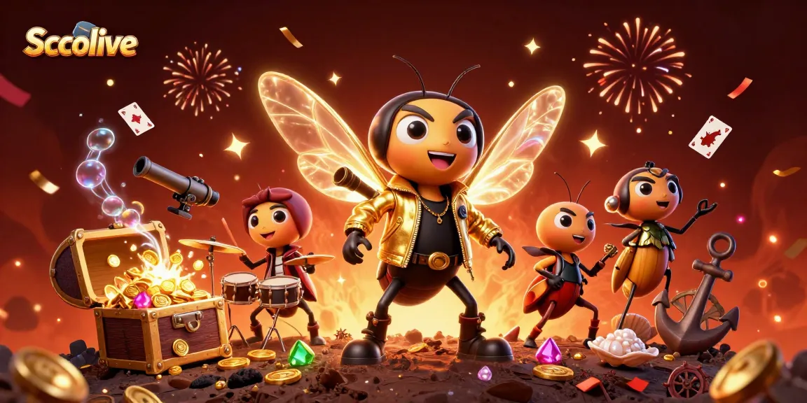 Socolive's dynamic illustration features a rock star cicada amidst gambling treasures and vibrant energy.