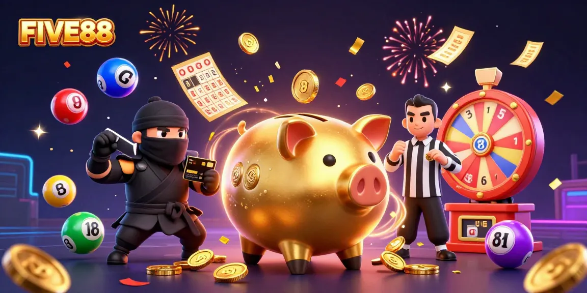 Experience the excitement of FIVE88 with a massive sumo piggy bank amidst a vibrant gaming scene.
