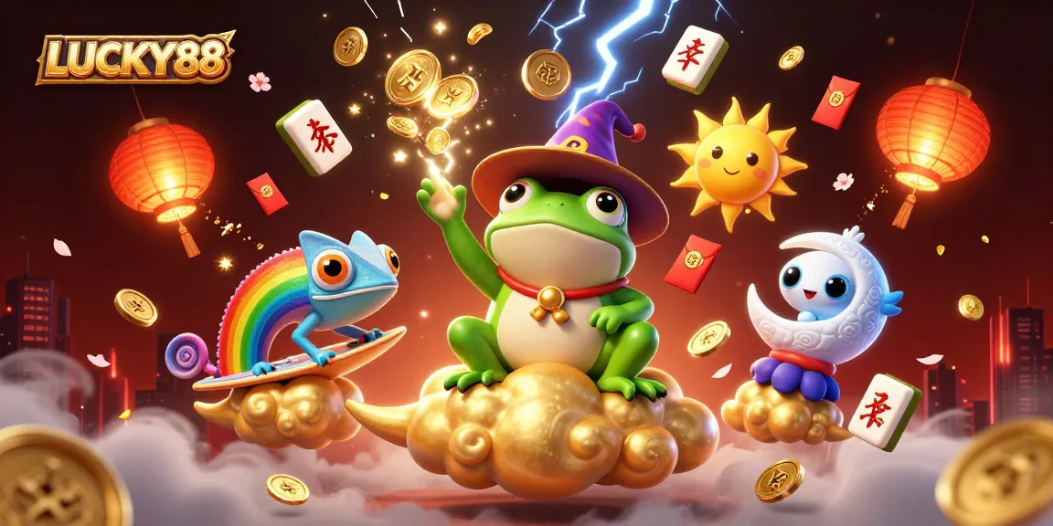 Engage in thrilling gaming with LUCKY88's vibrant 3D illustration filled with lucky symbols and excitement.