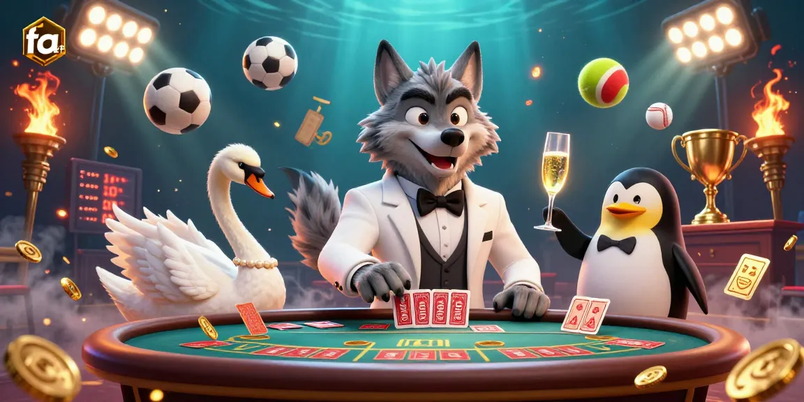 Fabet's animated scene showcases a wolf at a baccarat table with dynamic sports elements.