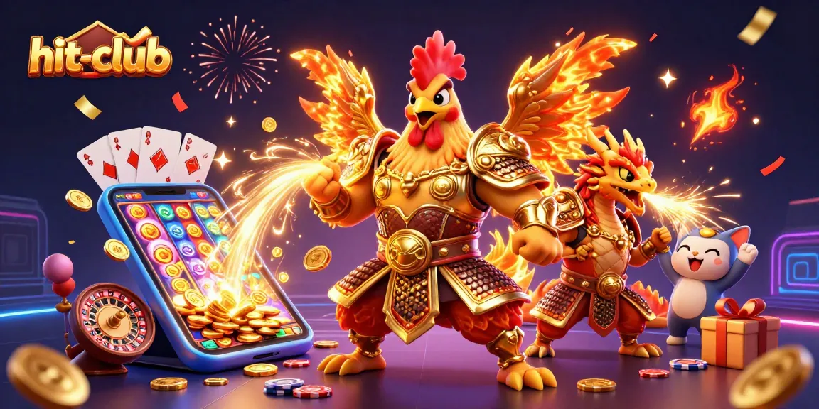 Engaging scene at hit-club with a rooster warrior, dragon, and fortune cat celebrating a jackpot.