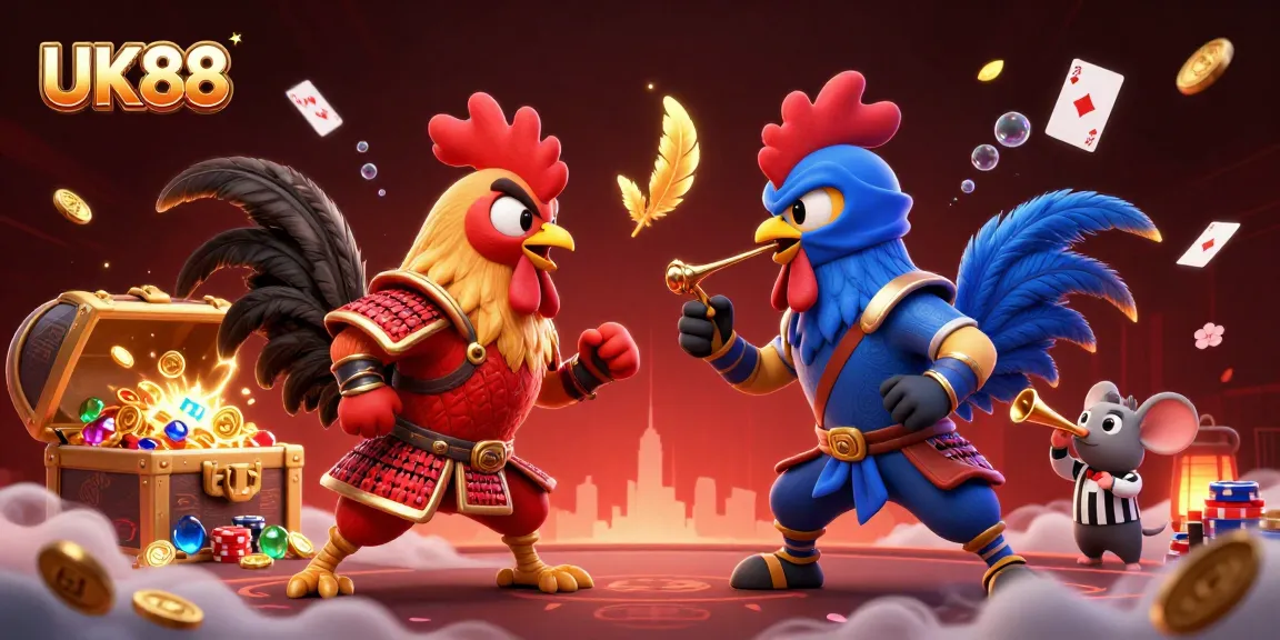 UK88 showcases a vibrant clash between fighting roosters in an action-packed casino scene with poker elements.