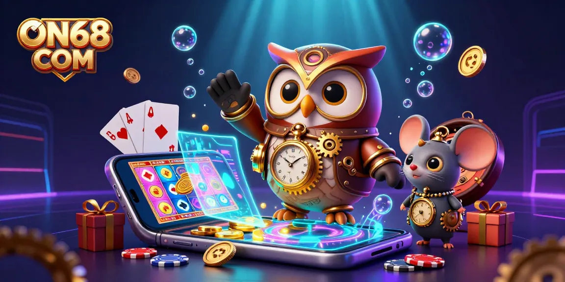 Experience thrilling games at ON68 COM with a 3D owl in a steampunk casino world.
