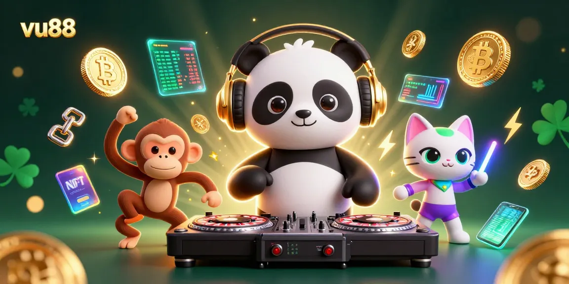 Experience the excitement at vu88 with this vibrant 3D casino scene featuring DJ panda and breakdancing monkey.
