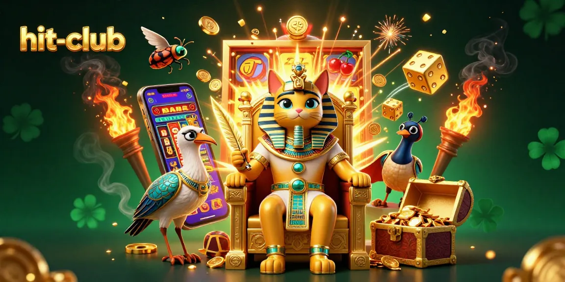 Experience excitement with hit-club's vibrant 3D casino scene featuring dynamic slot machine and Egyptian characters.