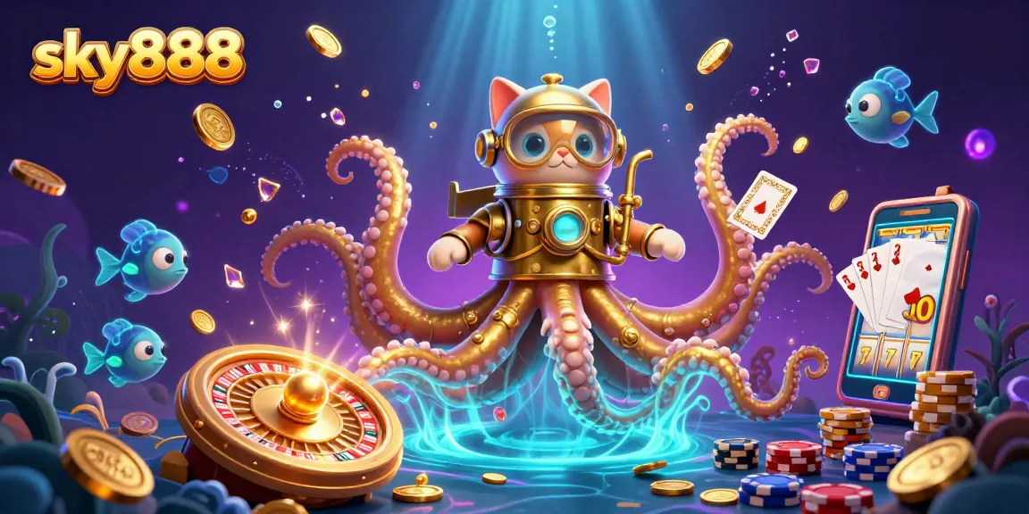 Sky888 thrilling illustration of a kraken, diving cat, and glowing fish in a casino setting.