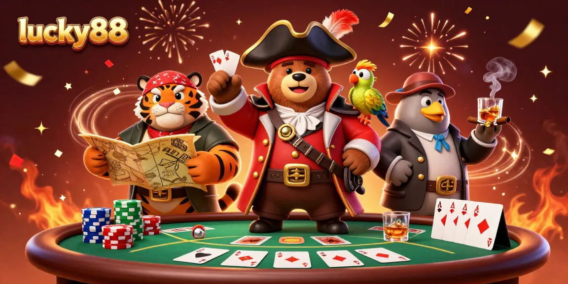 Experience thrilling poker action at lucky88 with a vibrant casino scene featuring a pirate bear and fierce tiger.